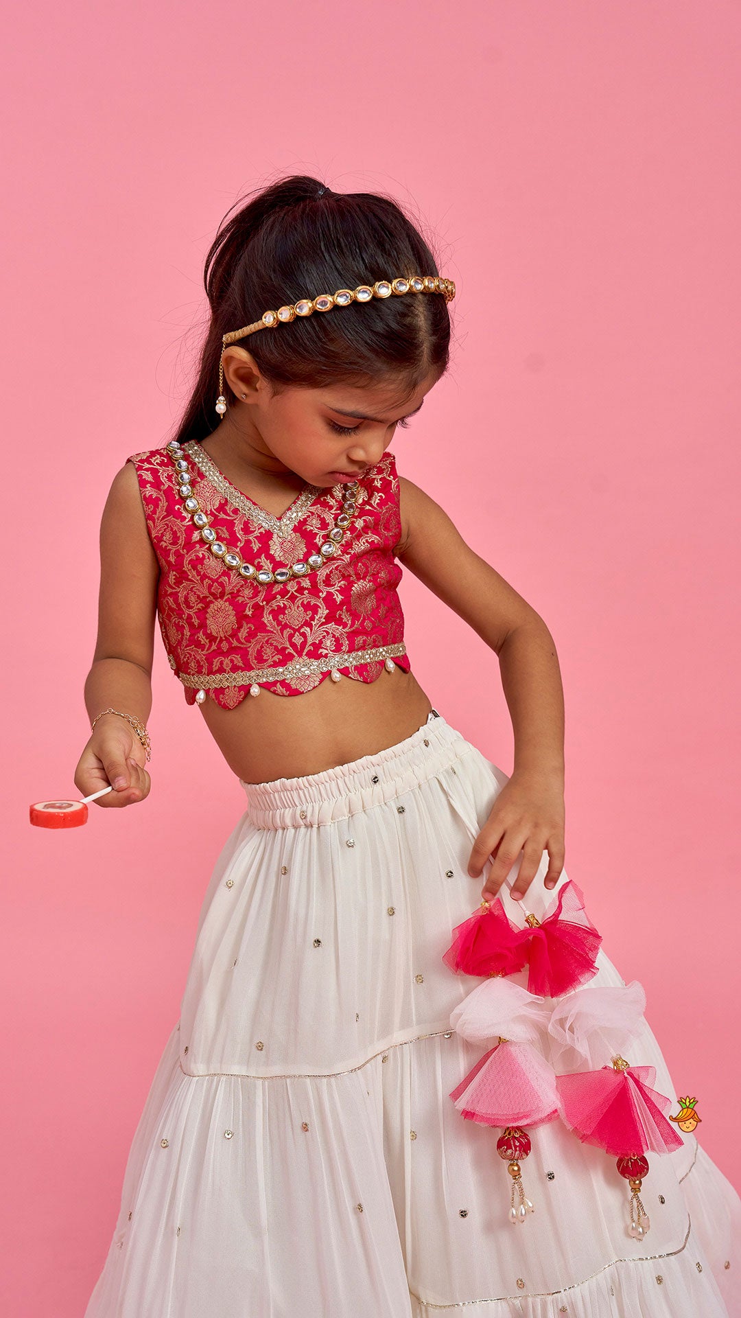 Pre Order: Pink Brocade Top With Off White Lehenga And Dupatta