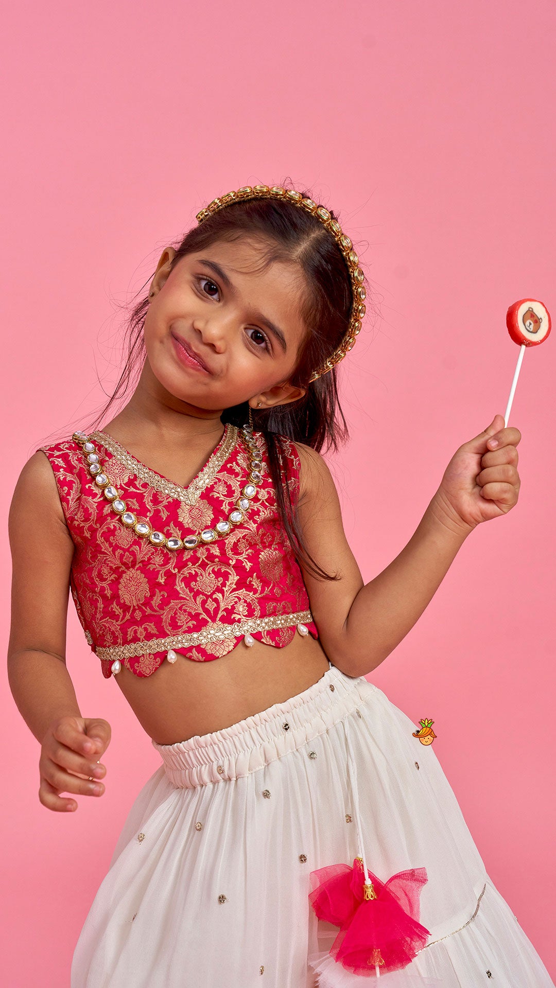 Pre Order: Pink Brocade Top With Off White Lehenga And Dupatta