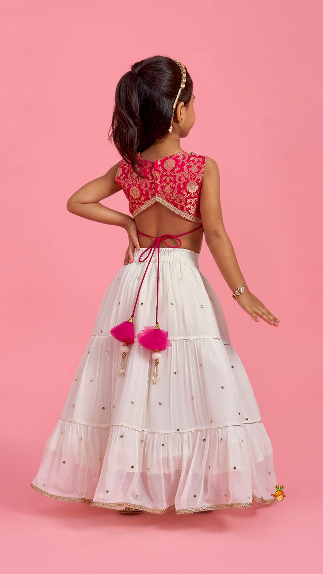 Pre Order: Pink Brocade Top With Off White Lehenga And Dupatta