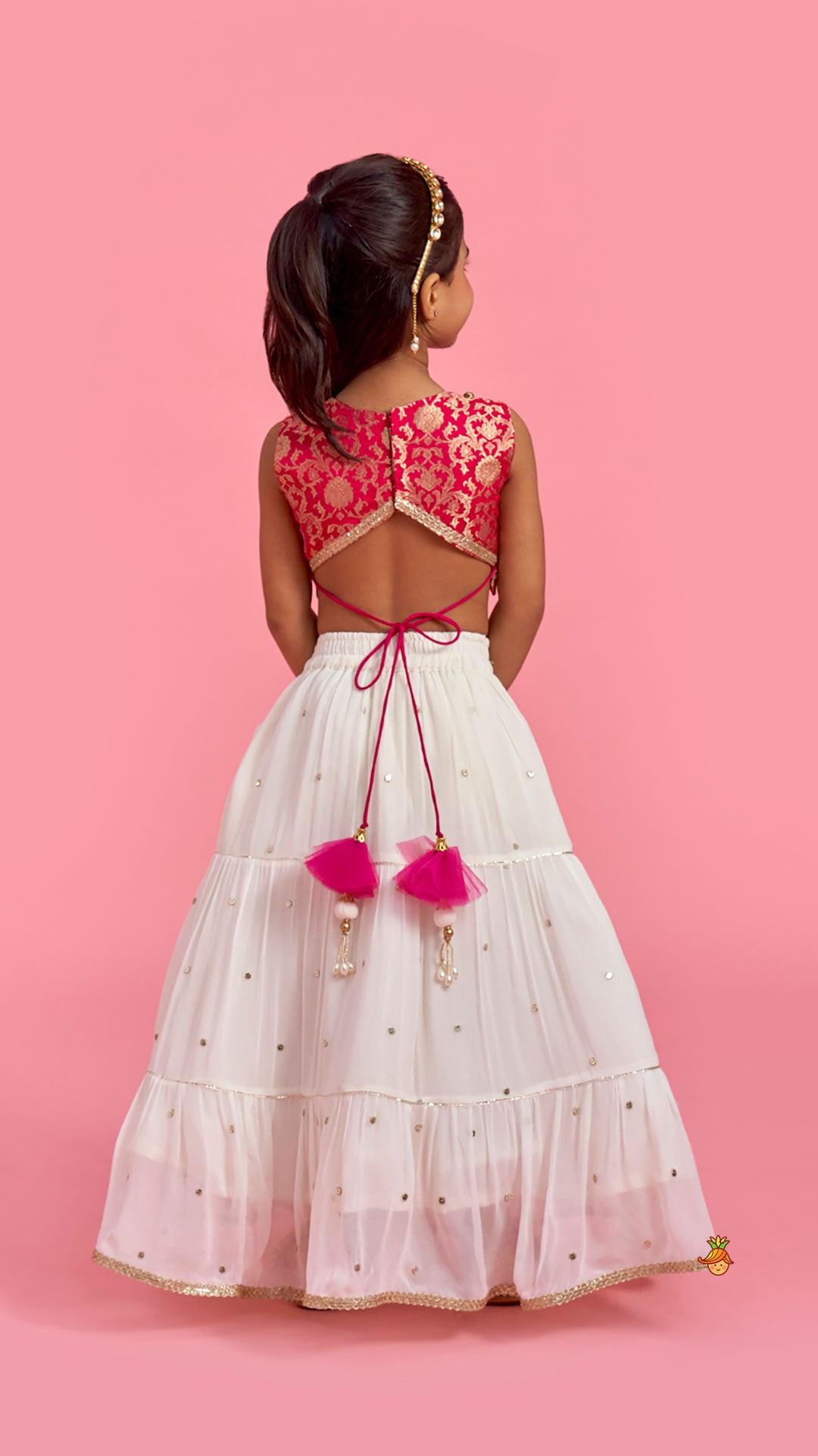 Pre Order: Pink Brocade Top With Off White Lehenga And Dupatta
