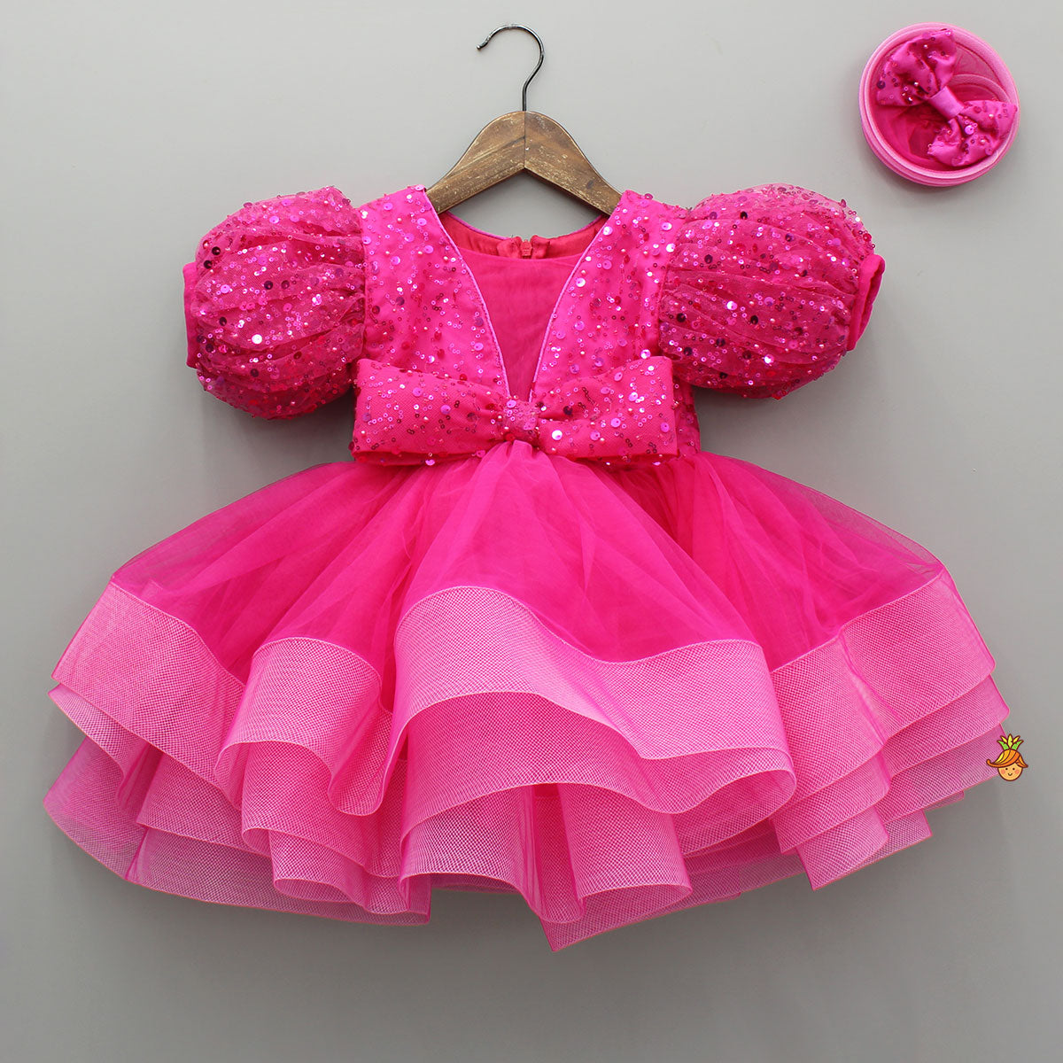 Pre Order: Pink Sequin Embellished Layered Bow Dress