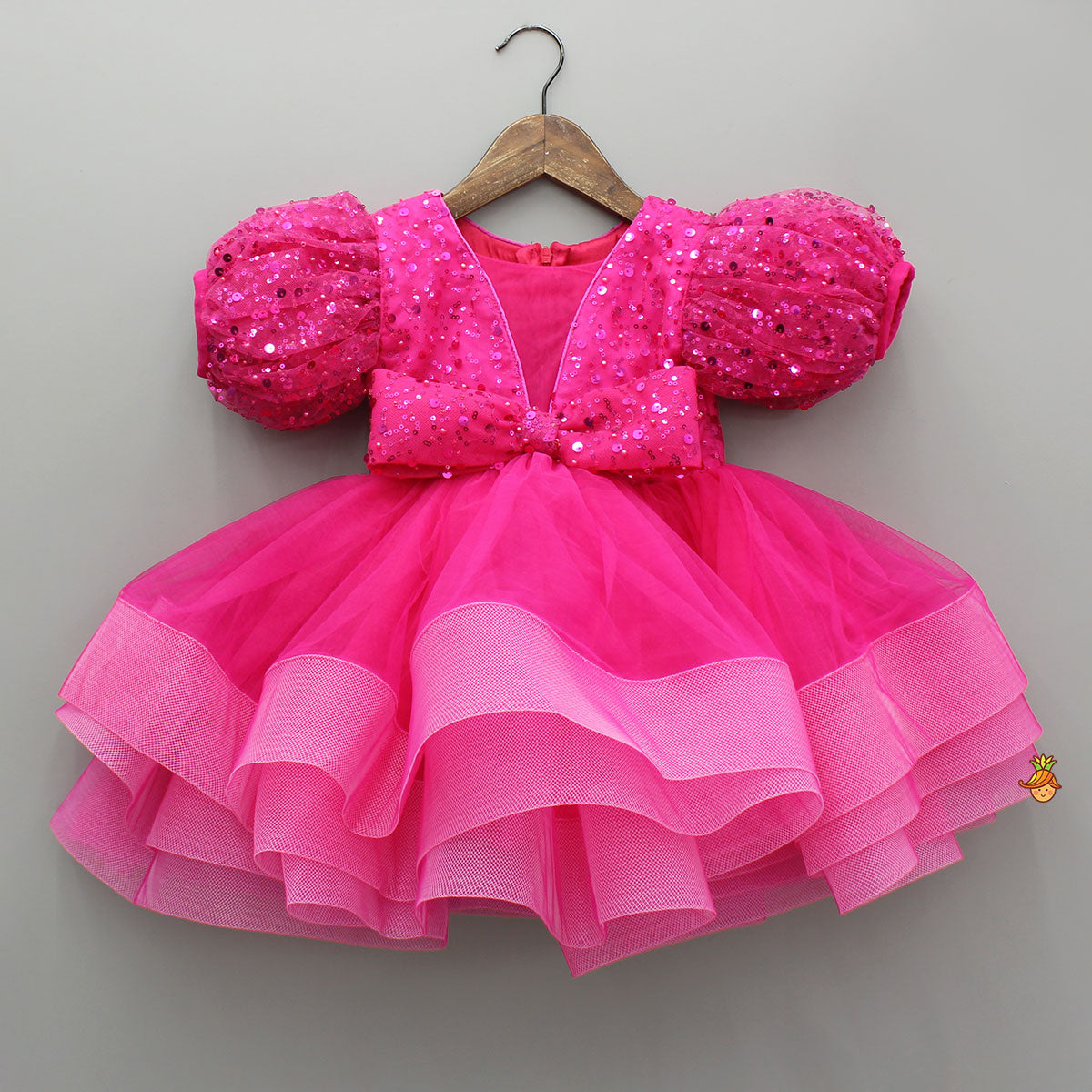 Pre Order: Pink Sequin Embellished Layered Bow Dress