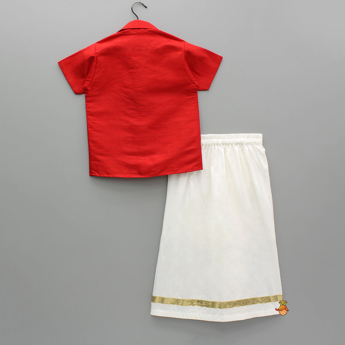 Pre Order: Multicolor Elephant Embroidered Red Mundu Shirt With Lungi And Angavastram (Shawl) Set