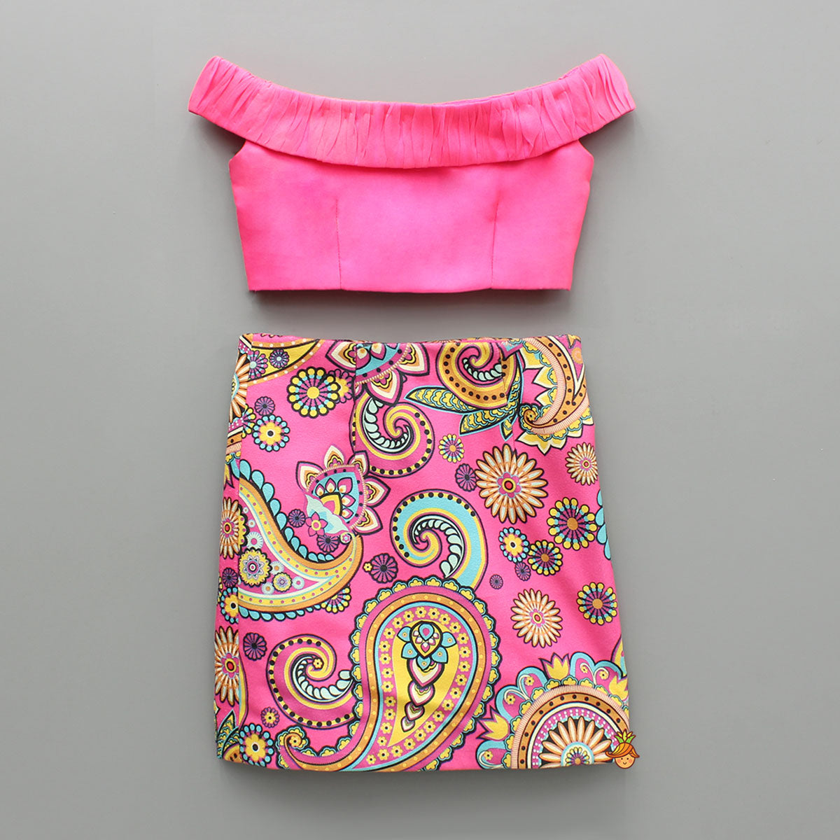 Pre Order: Off Shoulder Pink Organza Top With Multicolour Printed Skirt