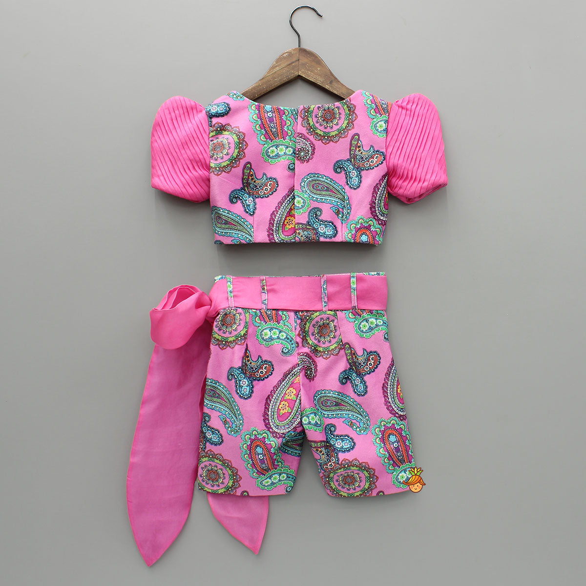 Pre Order: Pink Printed Velvet Top And Shorts With Ribbon Bow Belt