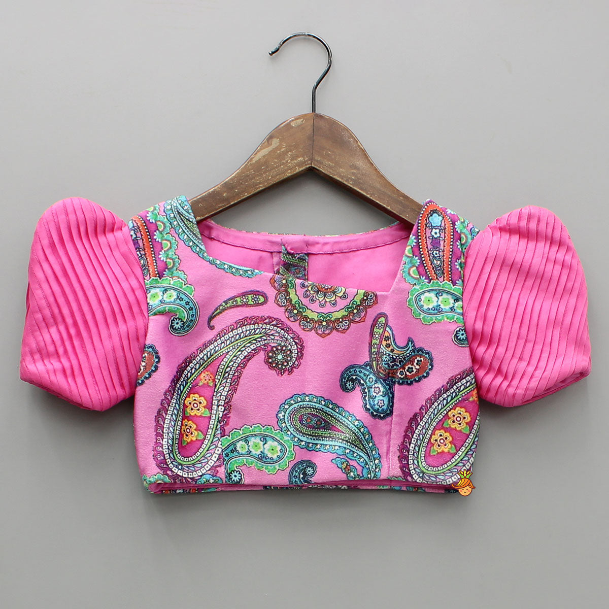 Pre Order: Pink Printed Velvet Top And Shorts With Ribbon Bow Belt