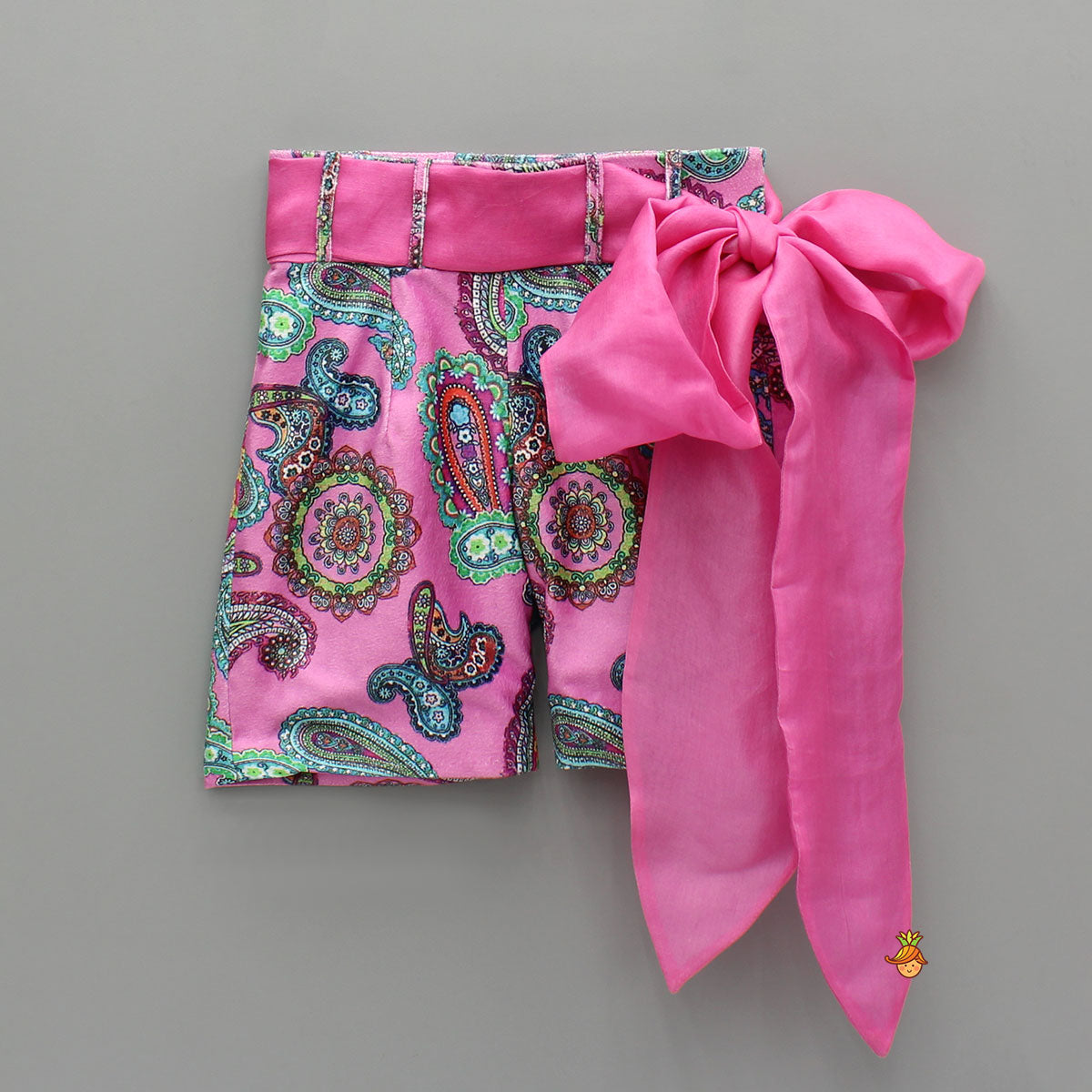 Pre Order: Pink Printed Velvet Top And Shorts With Ribbon Bow Belt