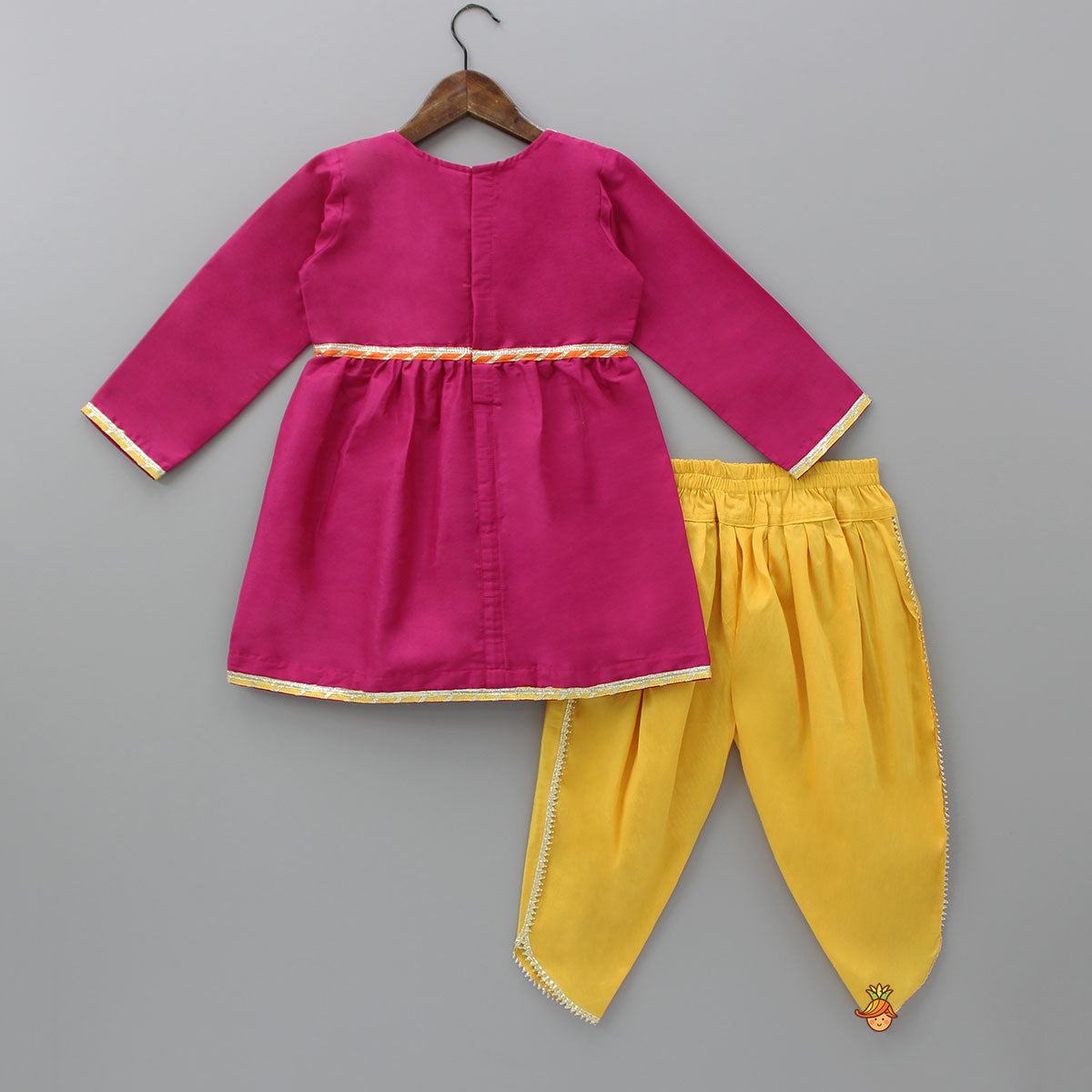 Thread Embroidered Pink Kurti And Yellow Lace Work Dhoti