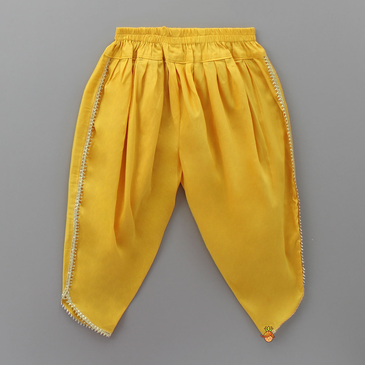 Thread Embroidered Pink Kurti And Yellow Lace Work Dhoti