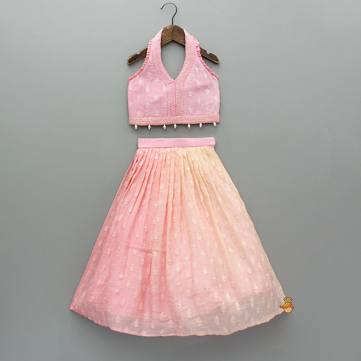 Pre Order: Pink Halter Neck Top With Ombre Lehenga