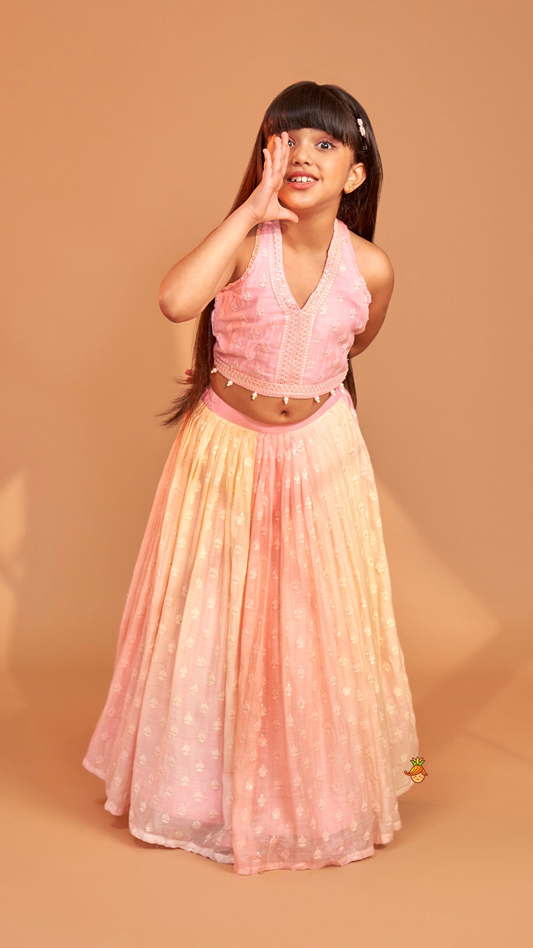 Pre Order: Pink Halter Neck Top With Ombre Lehenga