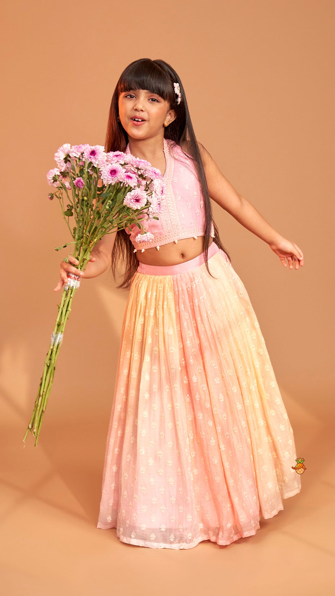 Pre Order: Pink Halter Neck Top With Ombre Lehenga