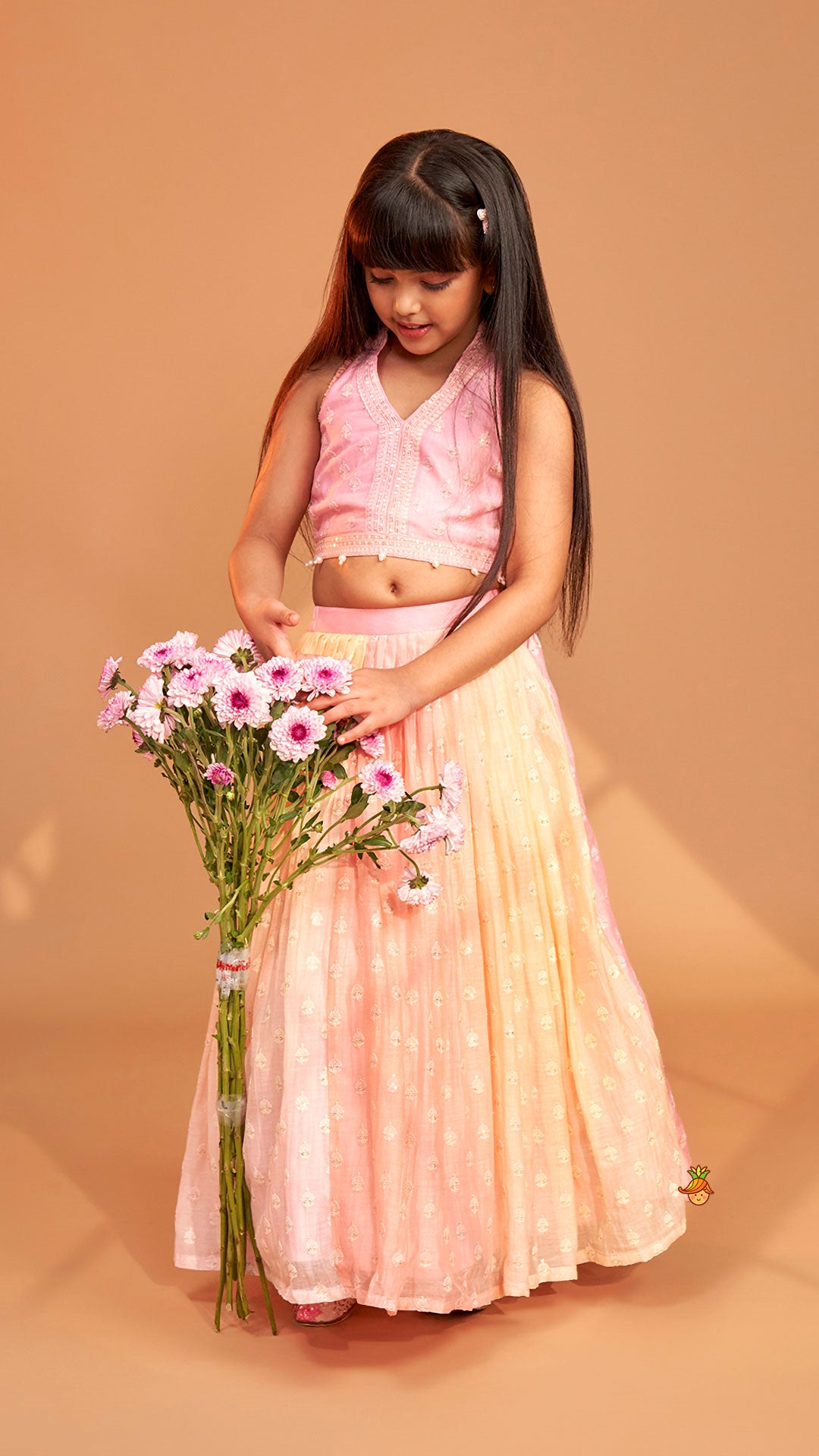 Pre Order: Pink Halter Neck Top With Ombre Lehenga