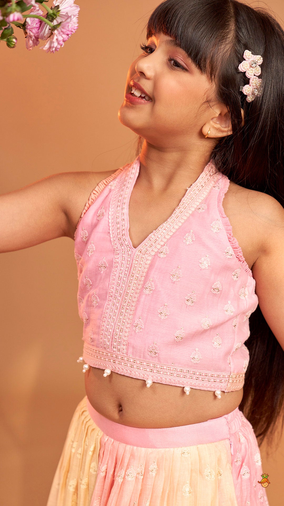 Pre Order: Pink Halter Neck Top With Ombre Lehenga