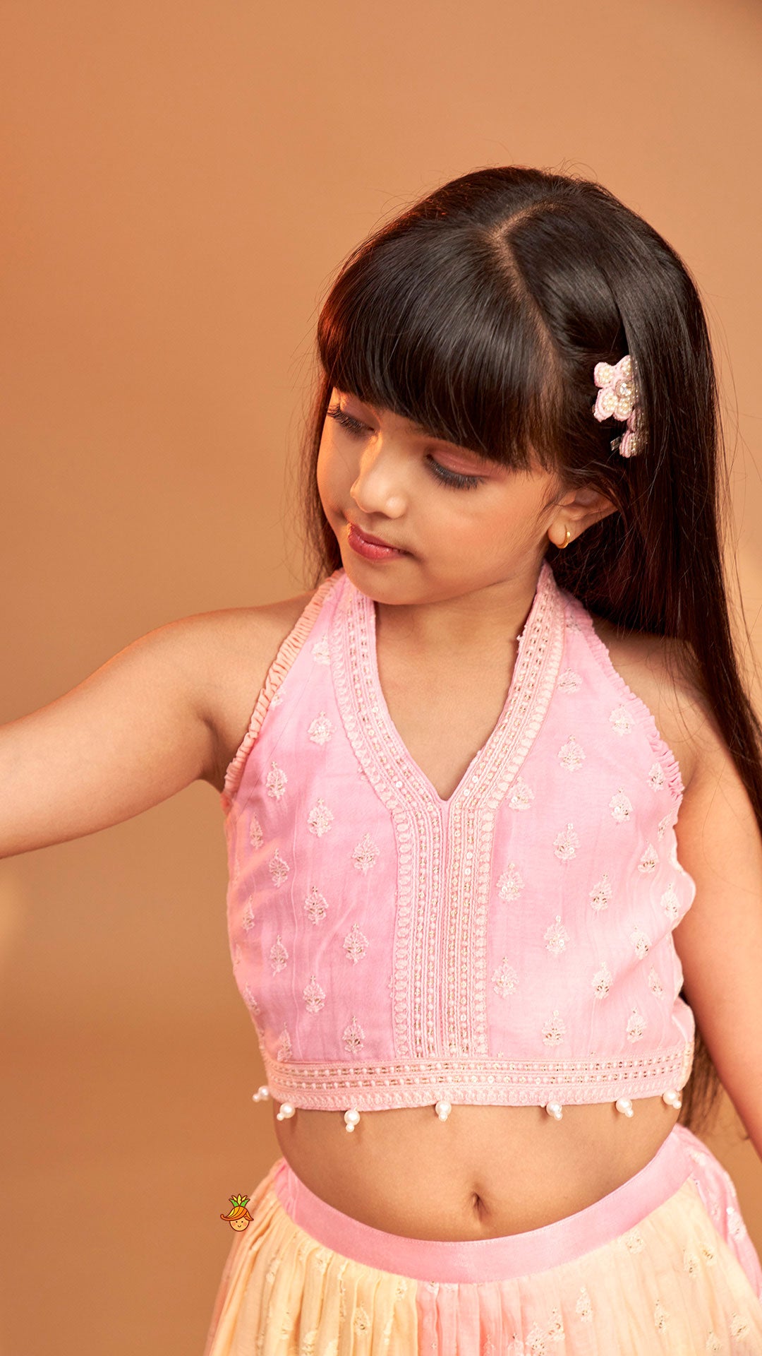 Pre Order: Pink Halter Neck Top With Ombre Lehenga