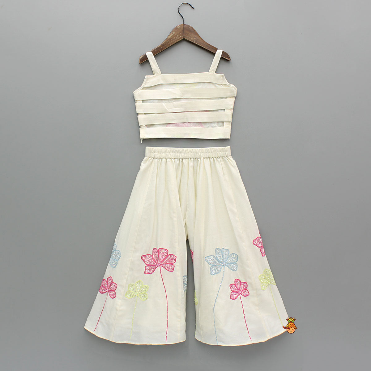 Pre Order: Sequin Hand Embroidered Floral Top And Flared Embroidered Palazzo