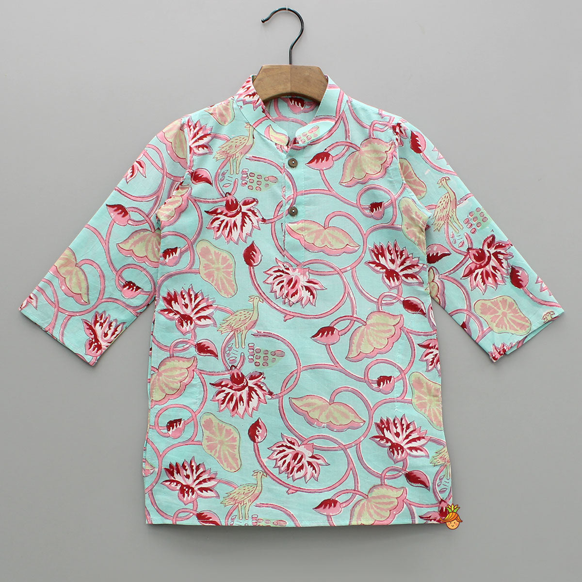 Floral Printed Blue Cotton Kurta With White Pyjama