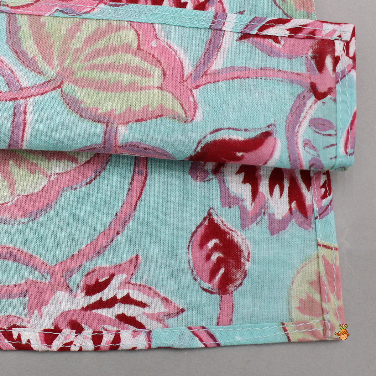 Floral Printed Blue Cotton Kurta With White Pyjama