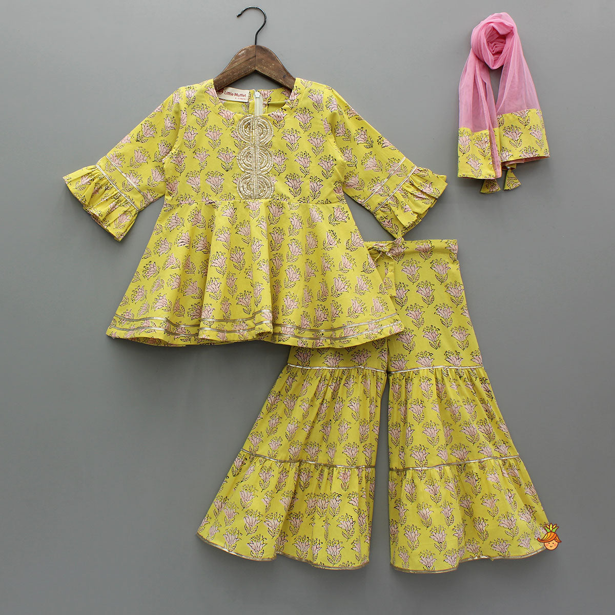 Floral Printed Yellow Kurti And Sharara With Pink Net Dupatta
