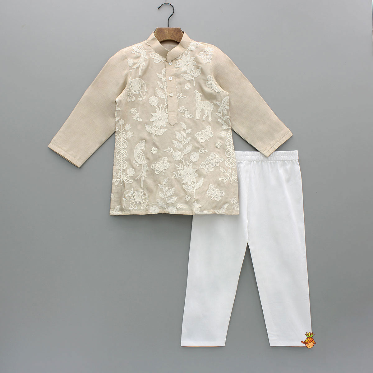Pre Order: Pure Silk Beige Embroidered Kurta With White Pyjama