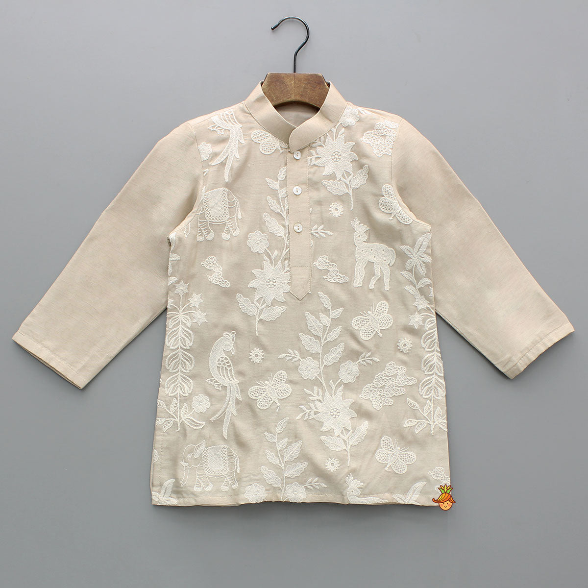 Pre Order: Pure Silk Beige Embroidered Kurta With White Pyjama