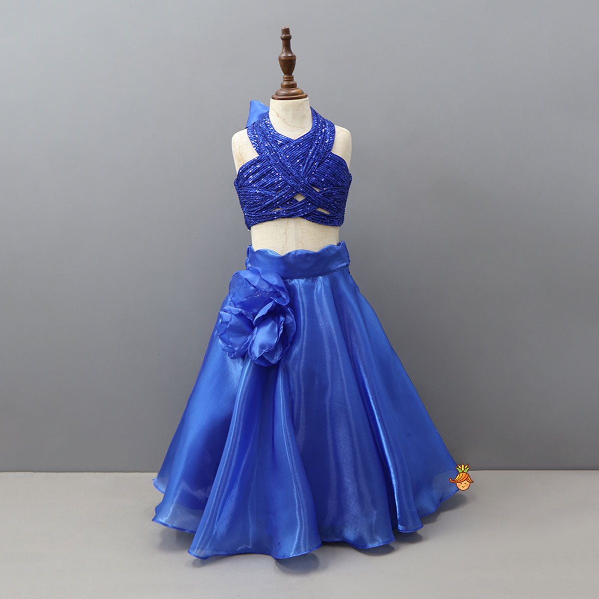 Pre Order: Royal Blue Sequin Embellished Halter Neck Top With Stiff Belt And Lehenga