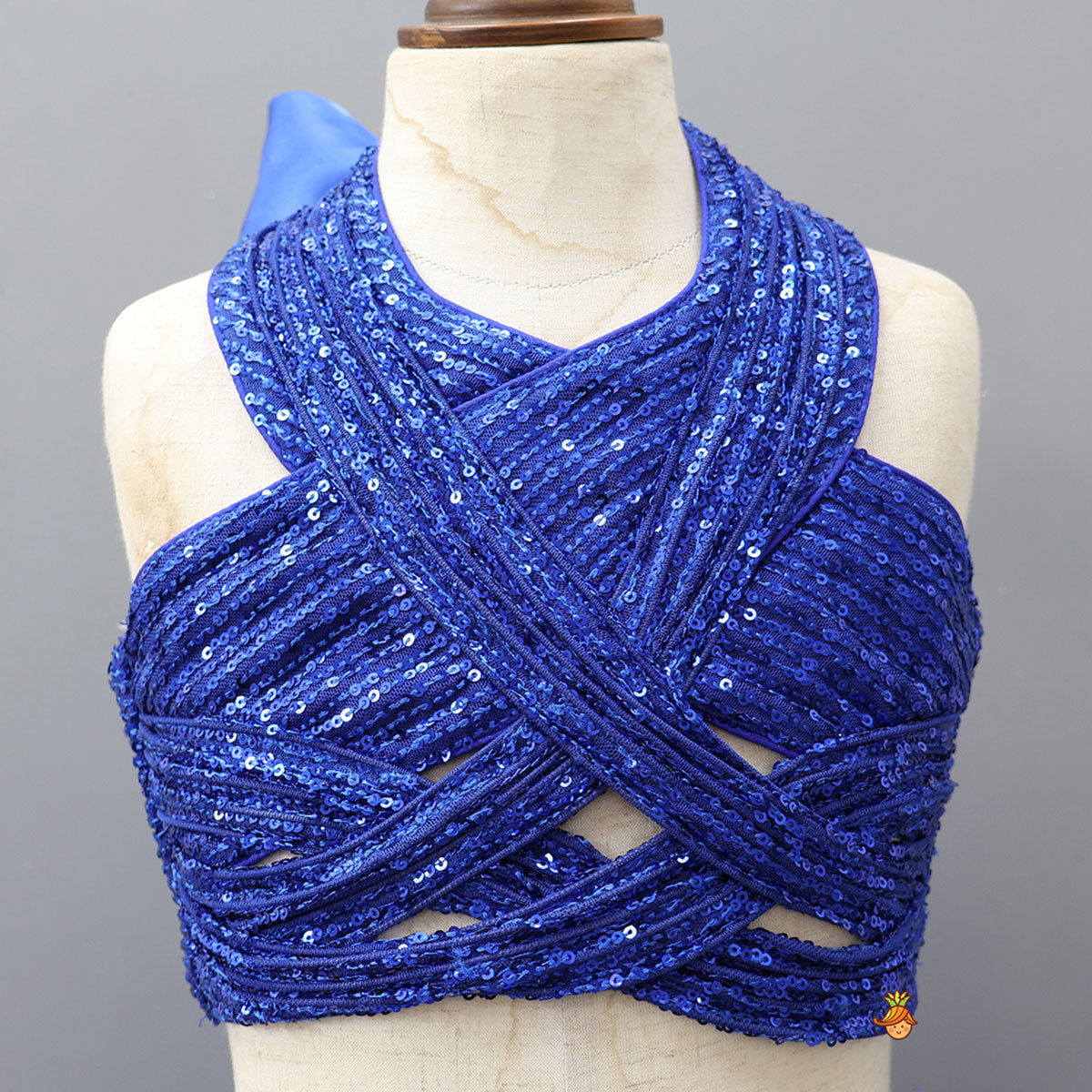 Pre Order: Royal Blue Sequin Embellished Halter Neck Top With Stiff Belt And Lehenga