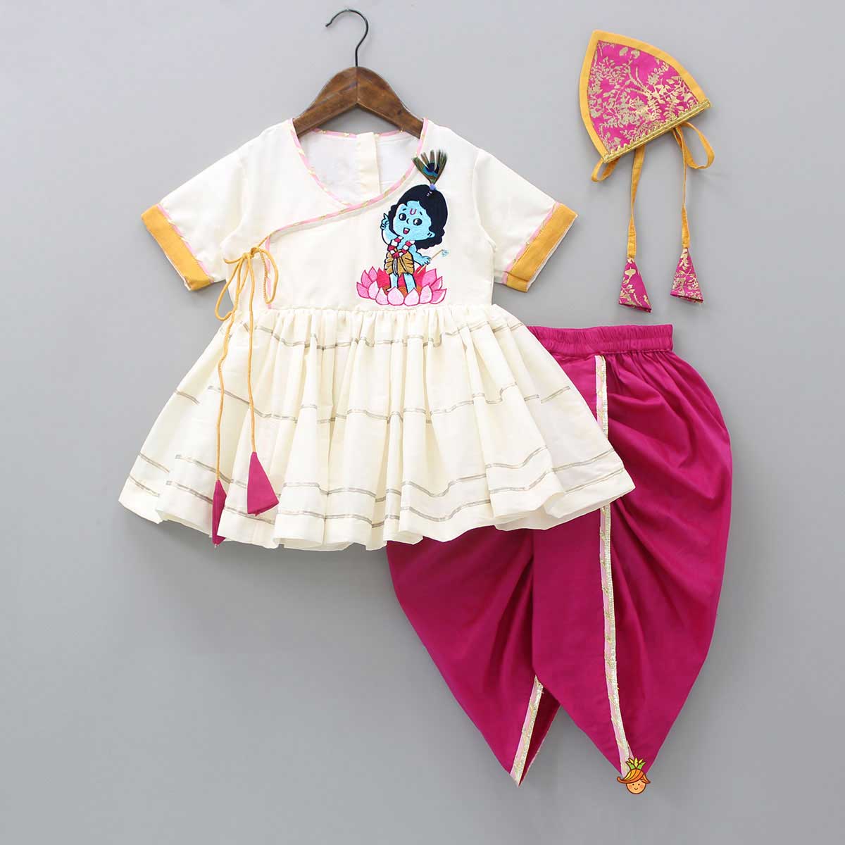 Pre Order: Krishna Embroidered Angarkha Top With Lace Work Pink Dhoti And Mukut