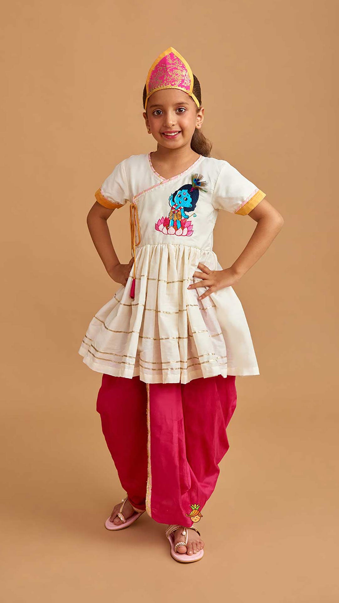 Pre Order: Krishna Embroidered Angarkha Top With Lace Work Pink Dhoti And Mukut