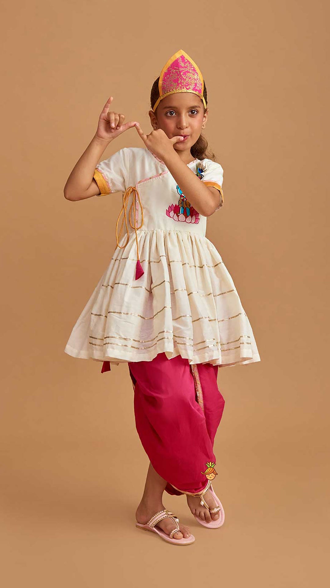 Pre Order: Krishna Embroidered Angarkha Top With Lace Work Pink Dhoti And Mukut