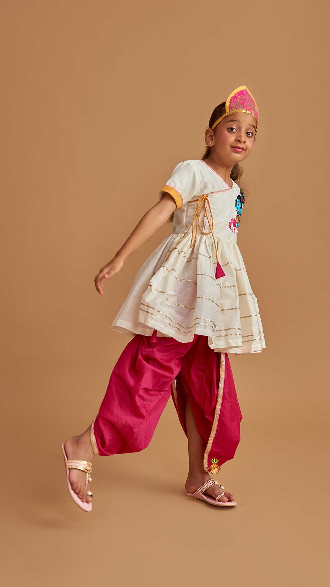 Pre Order: Krishna Embroidered Angarkha Top With Lace Work Pink Dhoti And Mukut