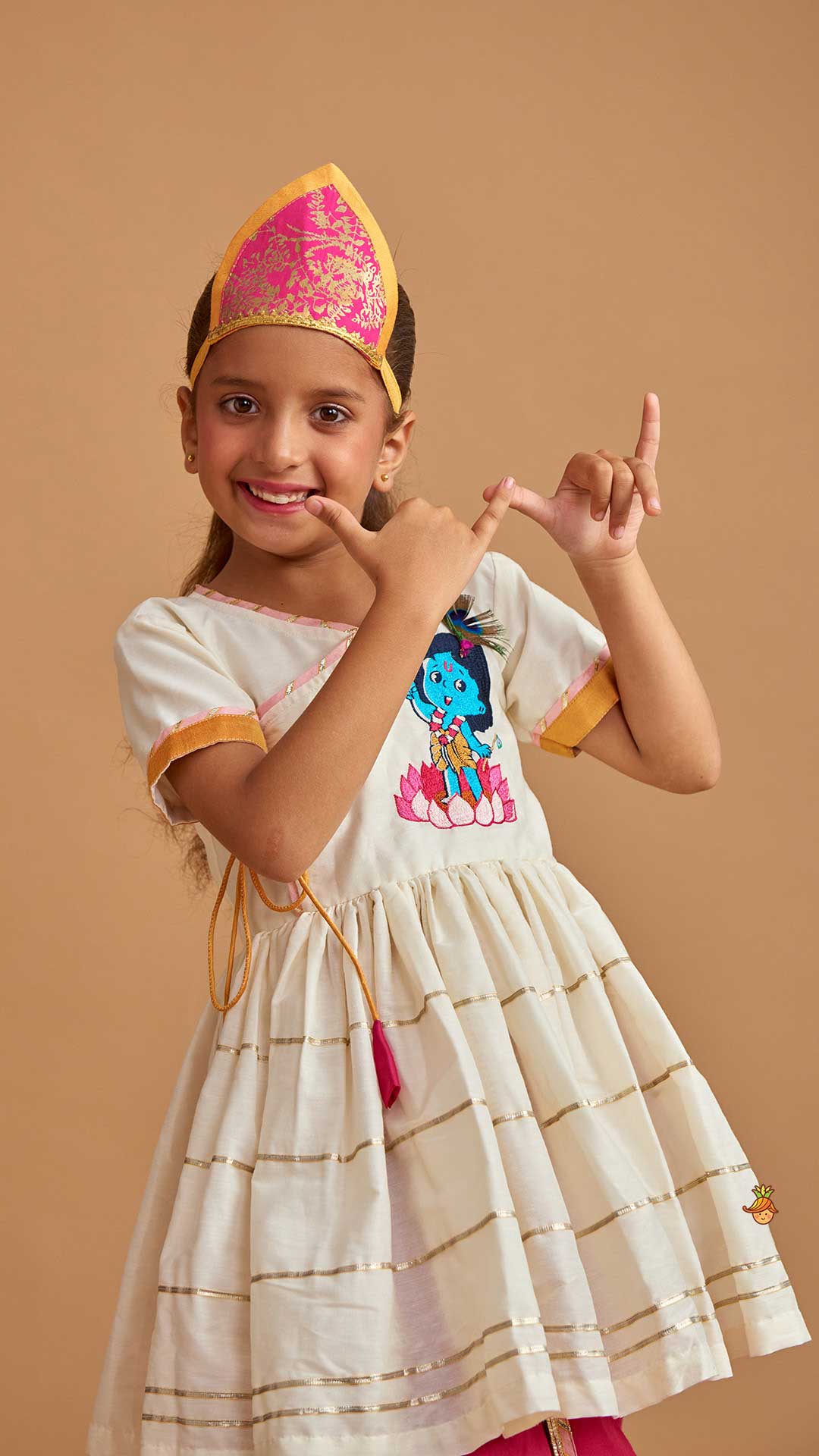 Pre Order: Krishna Embroidered Angarkha Top With Lace Work Pink Dhoti And Mukut