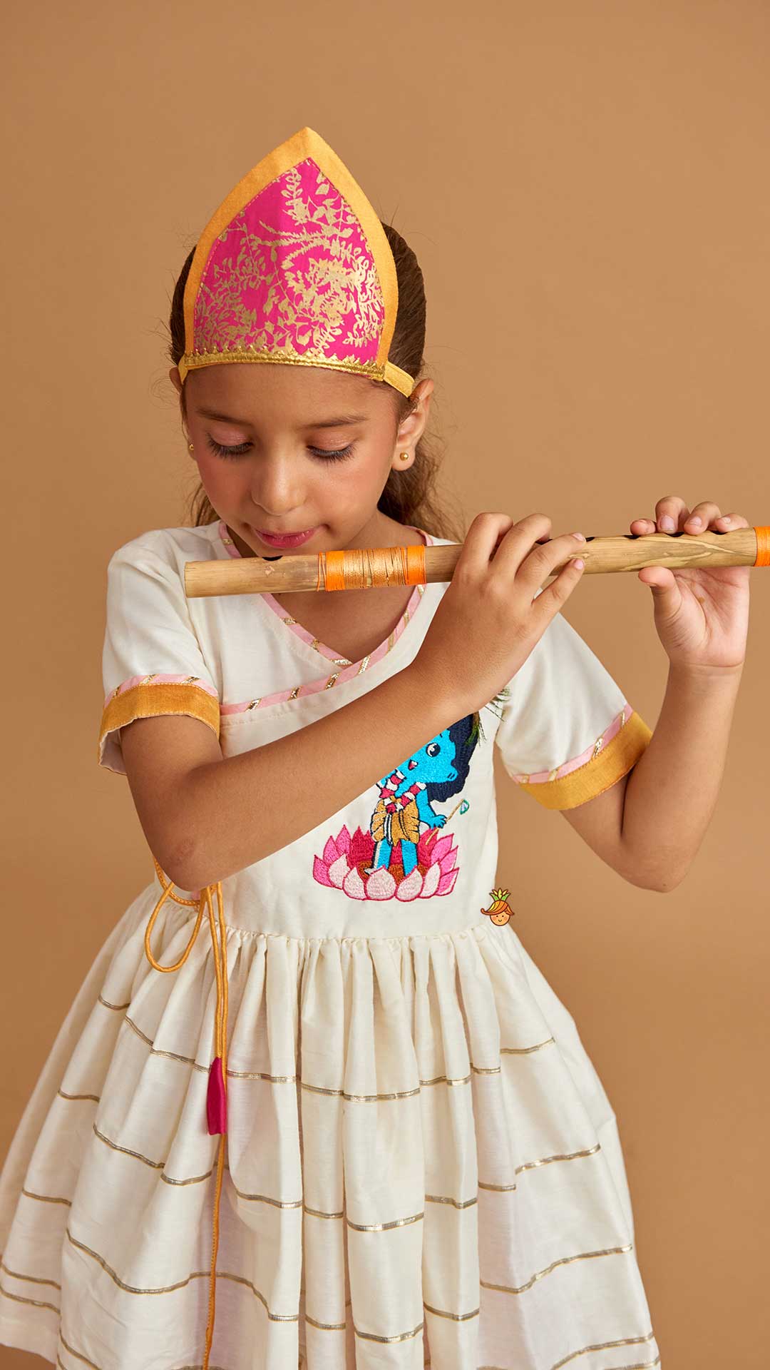 Pre Order: Krishna Embroidered Angarkha Top With Lace Work Pink Dhoti And Mukut