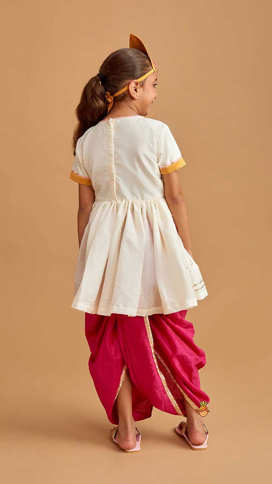 Pre Order: Krishna Embroidered Angarkha Top With Lace Work Pink Dhoti And Mukut