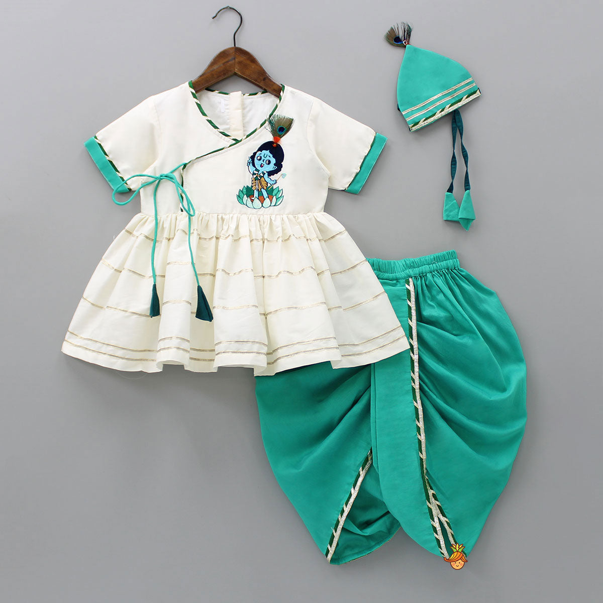 Pre Order: Krishna Embroidered Angarkha Top With Lace Work Green Dhoti And Mukut