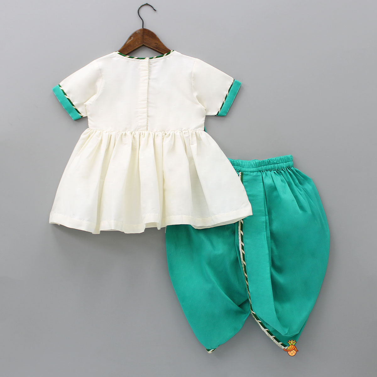 Pre Order: Krishna Embroidered Angarkha Top With Lace Work Green Dhoti And Mukut