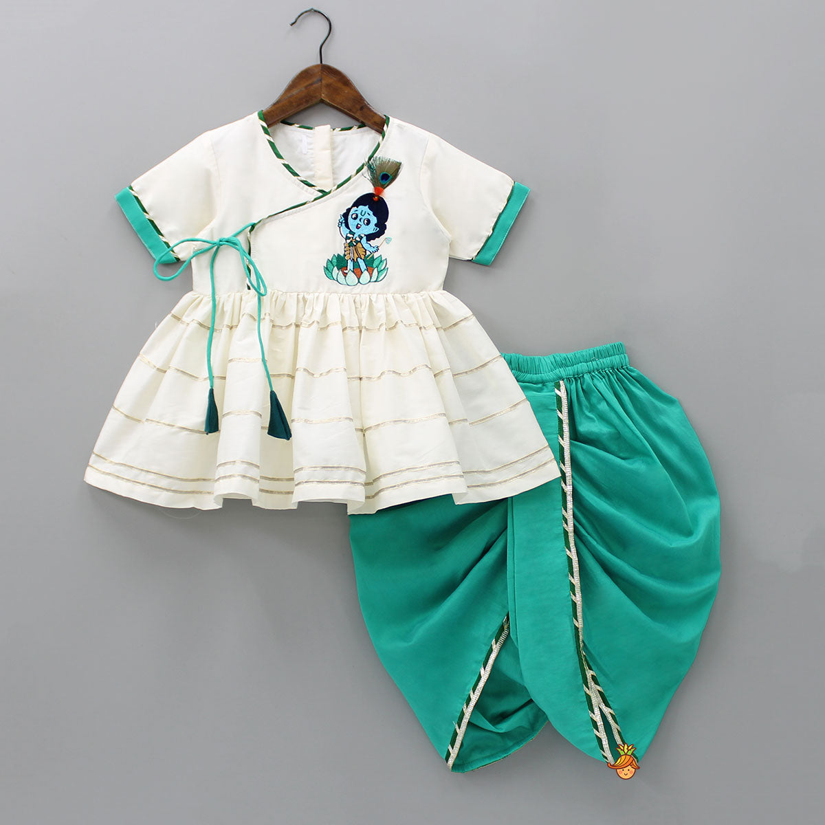 Pre Order: Krishna Embroidered Angarkha Top With Lace Work Green Dhoti And Mukut