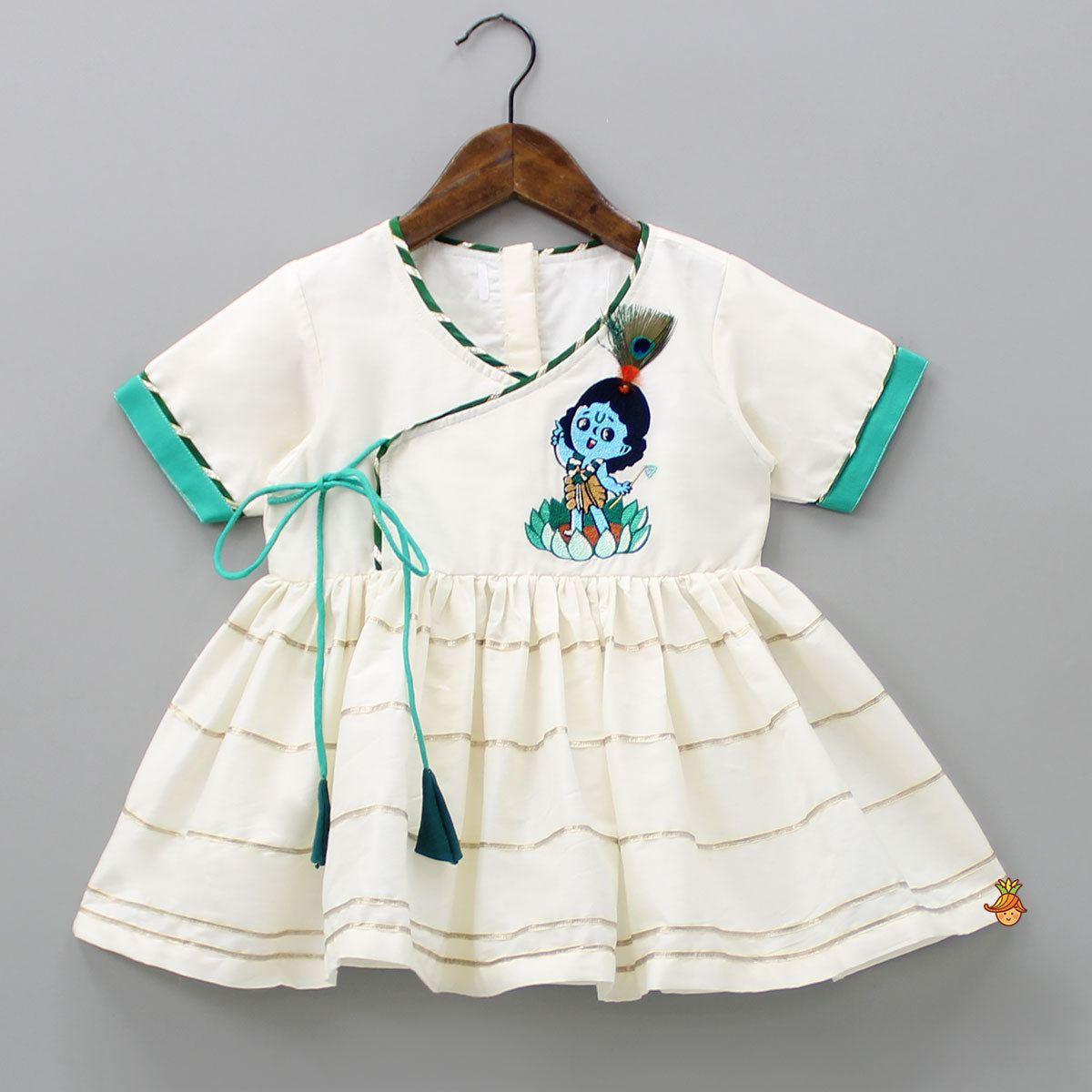 Pre Order: Krishna Embroidered Angarkha Top With Lace Work Green Dhoti And Mukut