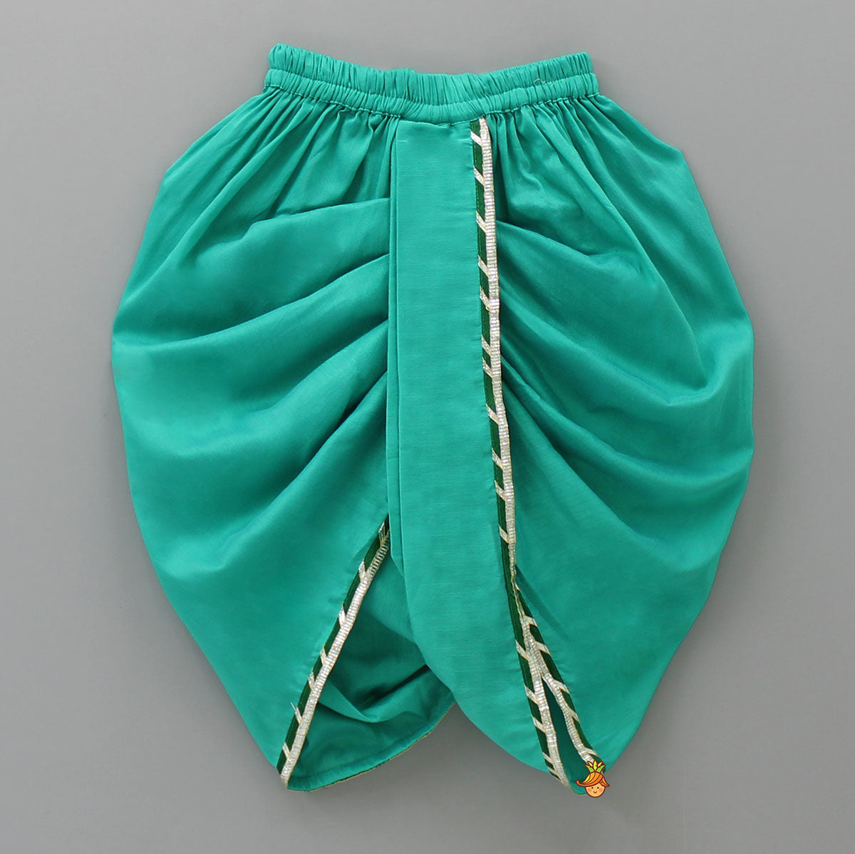 Pre Order: Krishna Embroidered Angarkha Top With Lace Work Green Dhoti And Mukut