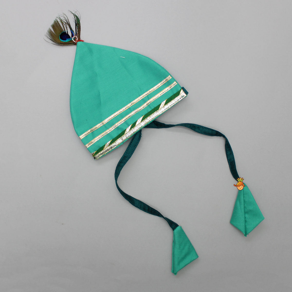 Pre Order: Krishna Embroidered Angarkha Top With Lace Work Green Dhoti And Mukut