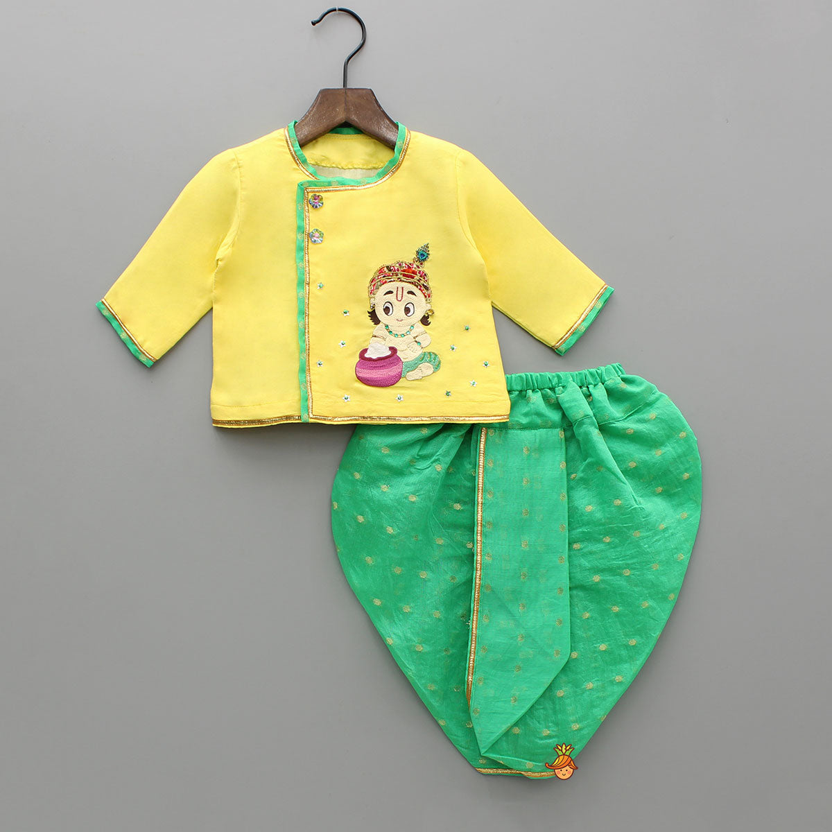 Pre Order: Cute Krishna Embroidered Yellow Kurta And Green Dhoti