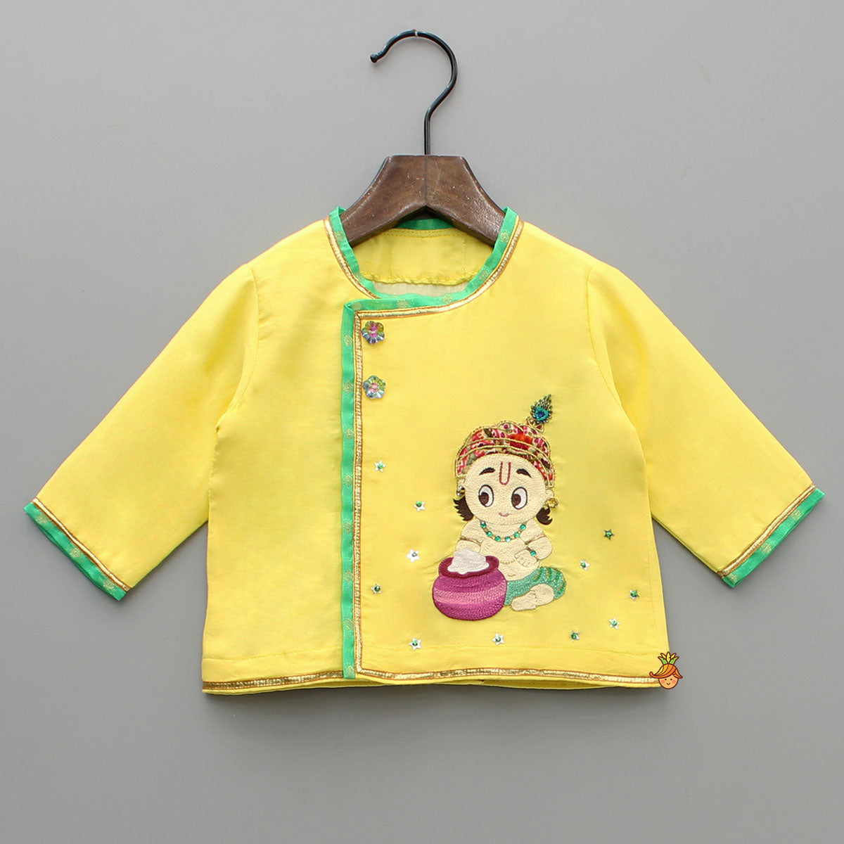 Pre Order: Cute Krishna Embroidered Yellow Kurta And Green Dhoti