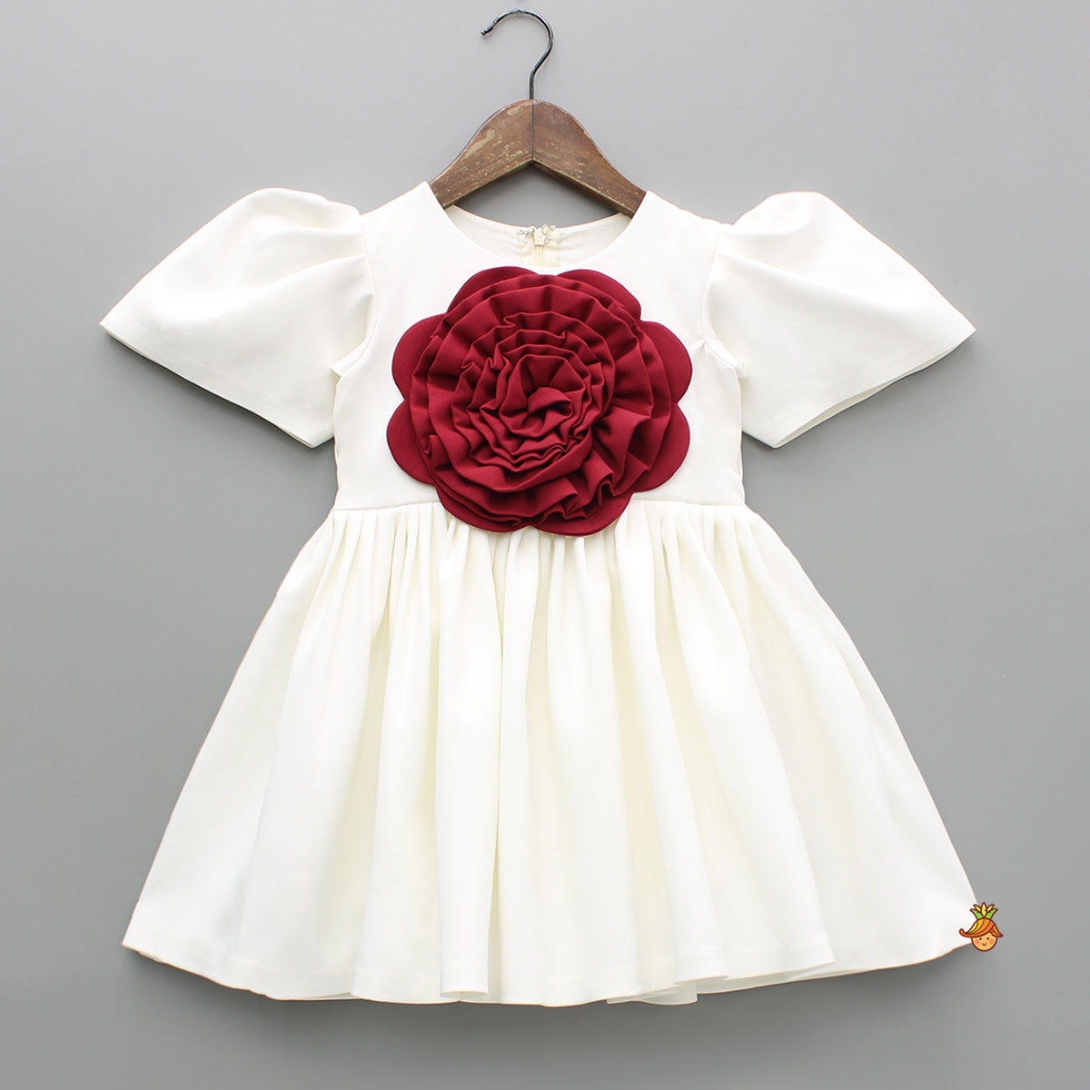 Pre Order: Red Flower Adorned Elegant Off White Puff Sleeve Dress