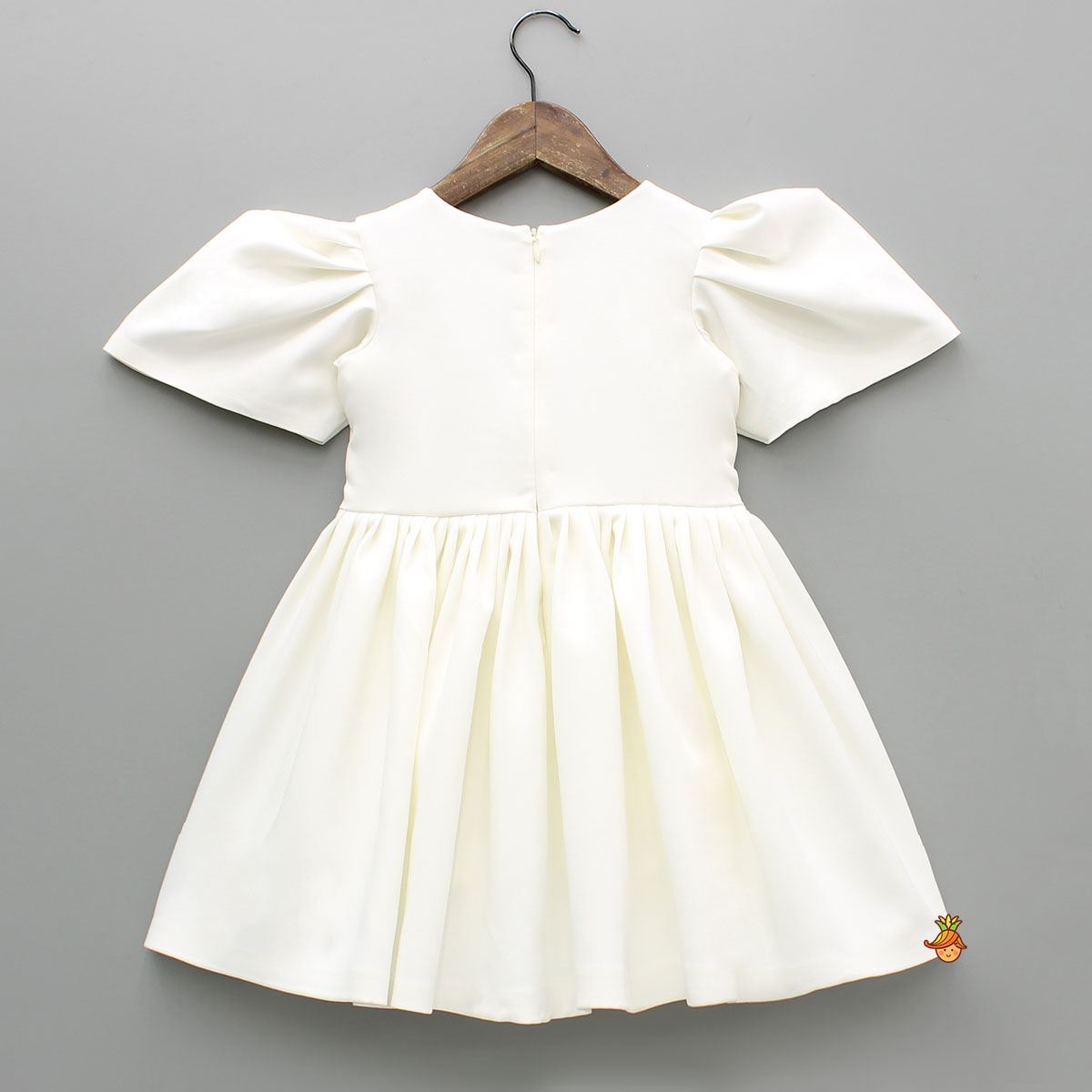 Pre Order: Red Flower Adorned Elegant Off White Puff Sleeve Dress