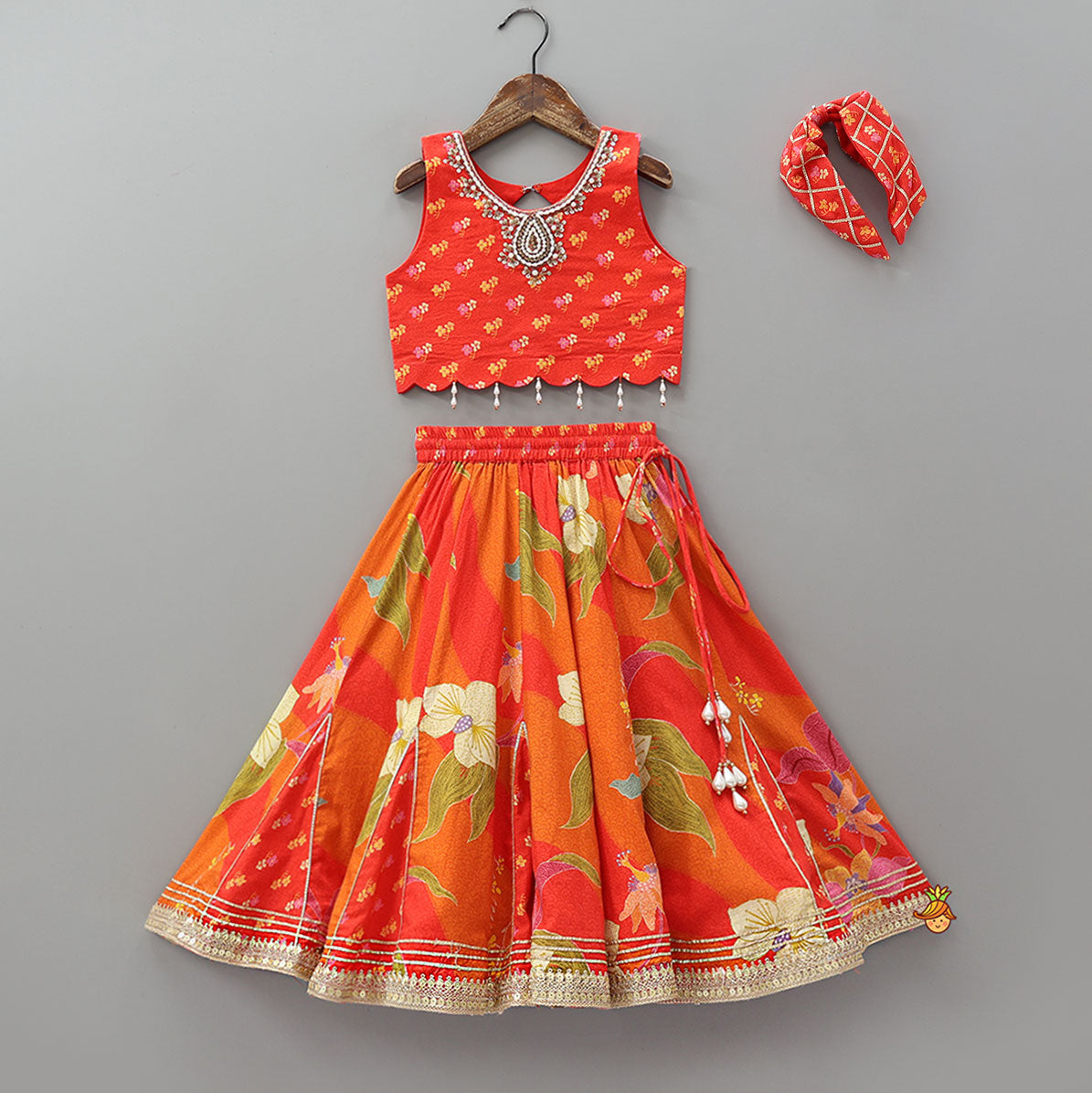 Pre Order: Red Sleeveless Embroidered Scalloped Top With Lehenga And Hairband