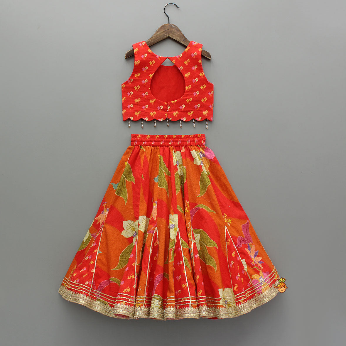 Pre Order: Red Sleeveless Embroidered Scalloped Top With Lehenga And Hairband