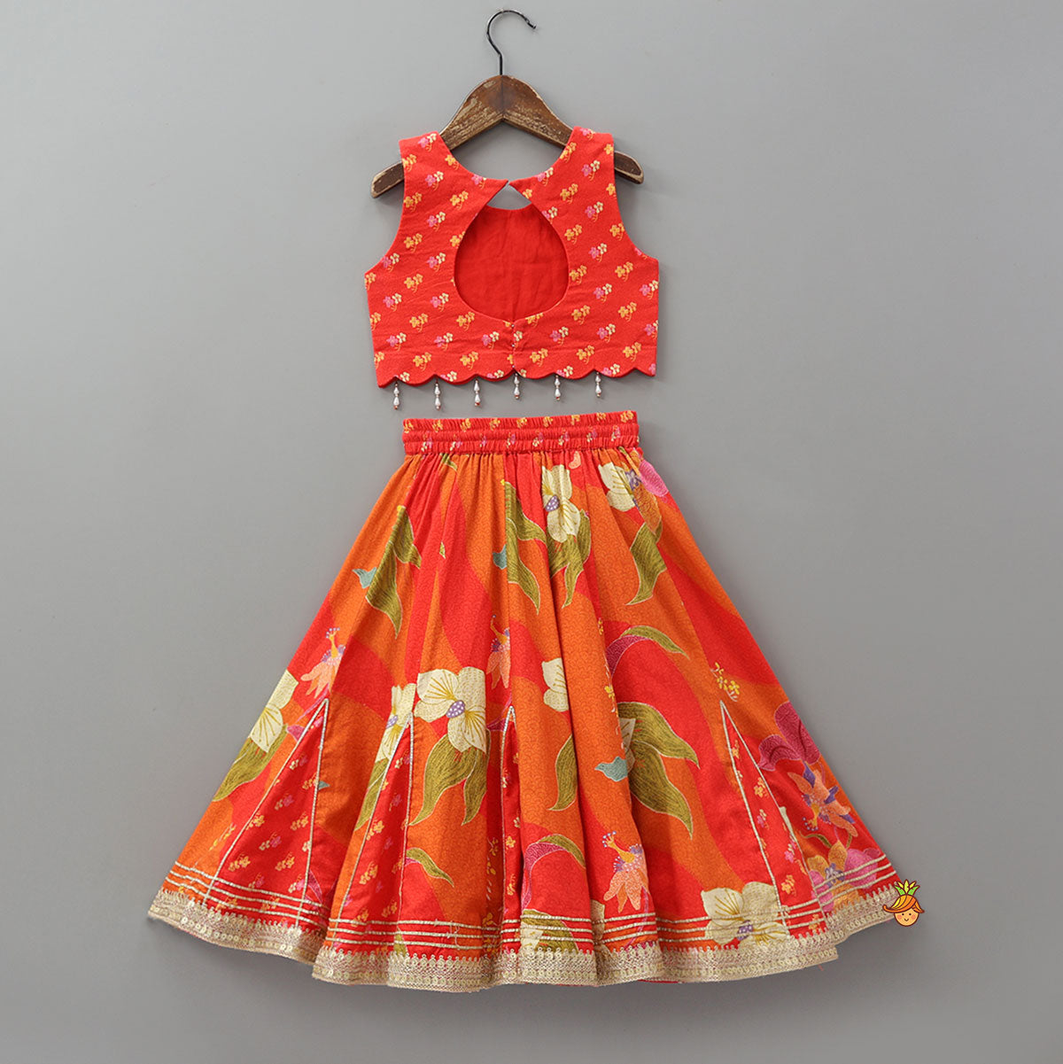 Pre Order: Red Sleeveless Embroidered Scalloped Top With Lehenga And Hairband