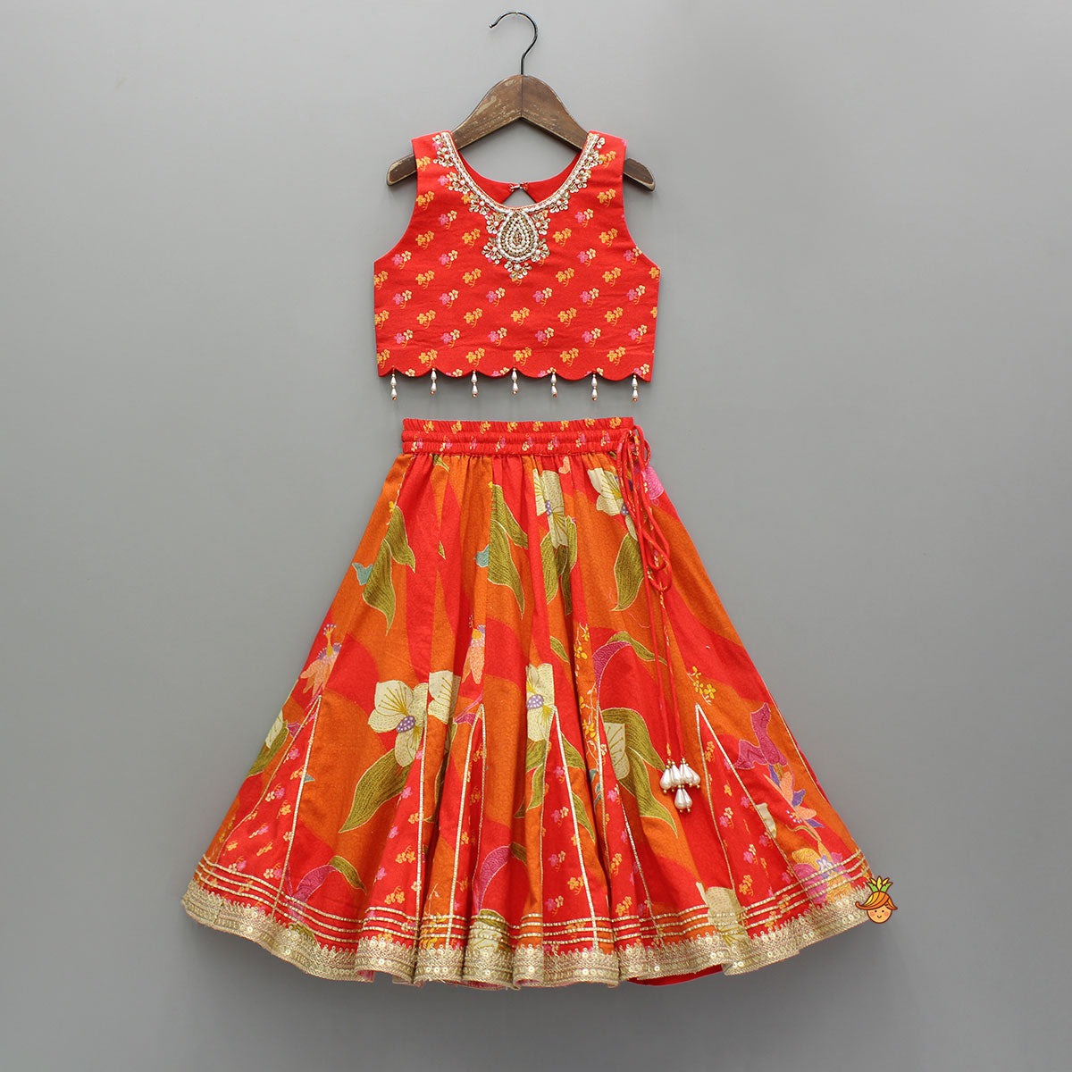 Pre Order: Red Sleeveless Embroidered Scalloped Top With Lehenga And Hairband
