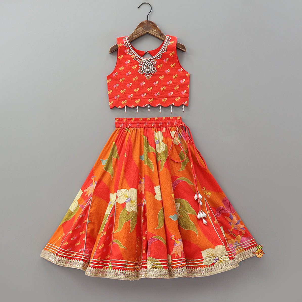 Pre Order: Red Sleeveless Embroidered Scalloped Top With Lehenga And Hairband