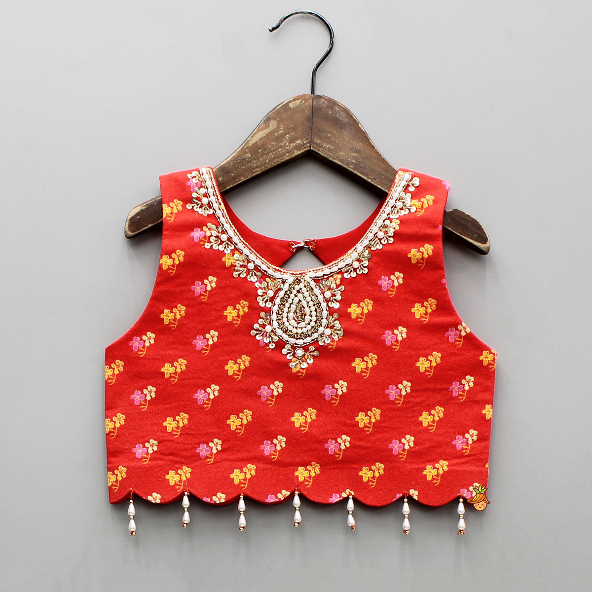 Pre Order: Red Sleeveless Embroidered Scalloped Top With Lehenga And Hairband